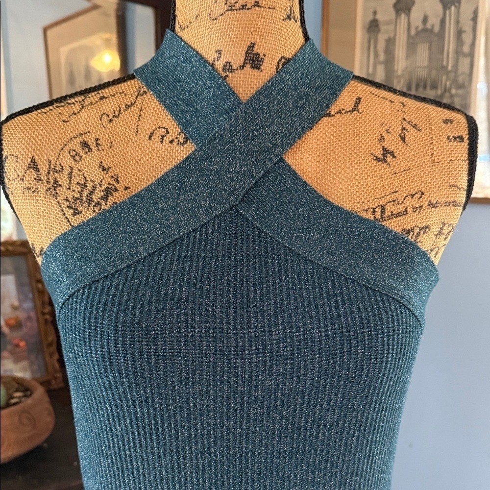 Sincerely Jules Metallic Teal Ribbed Halter Bodycon Mini Dress NWT Medium - Picture 3 of 14